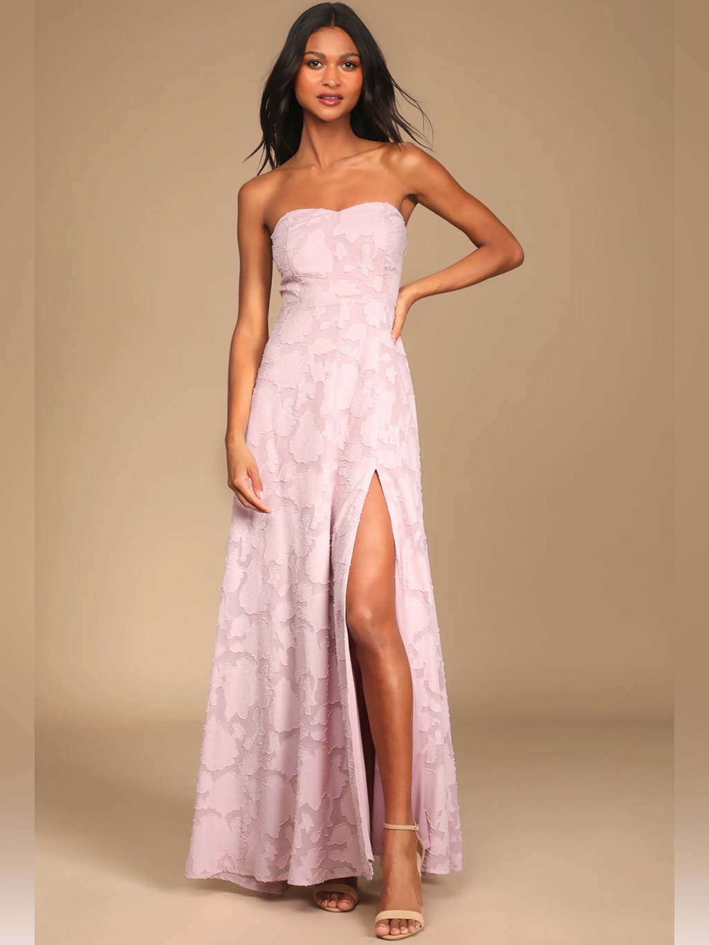 Lulus Garden Of Romance Light Pink Lilac Floral Burnout Strapless Maxi Dress New